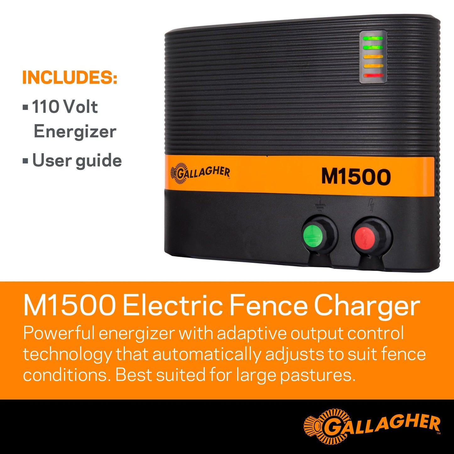 Gallagher M1500 Electric Fence Energizer | 110V Plug-in Fence Charger for Livestock, Horses, and Large Pastures | Powers Up to 160 Miles of Fence | Low Impedance, Built-in Lightning Protection