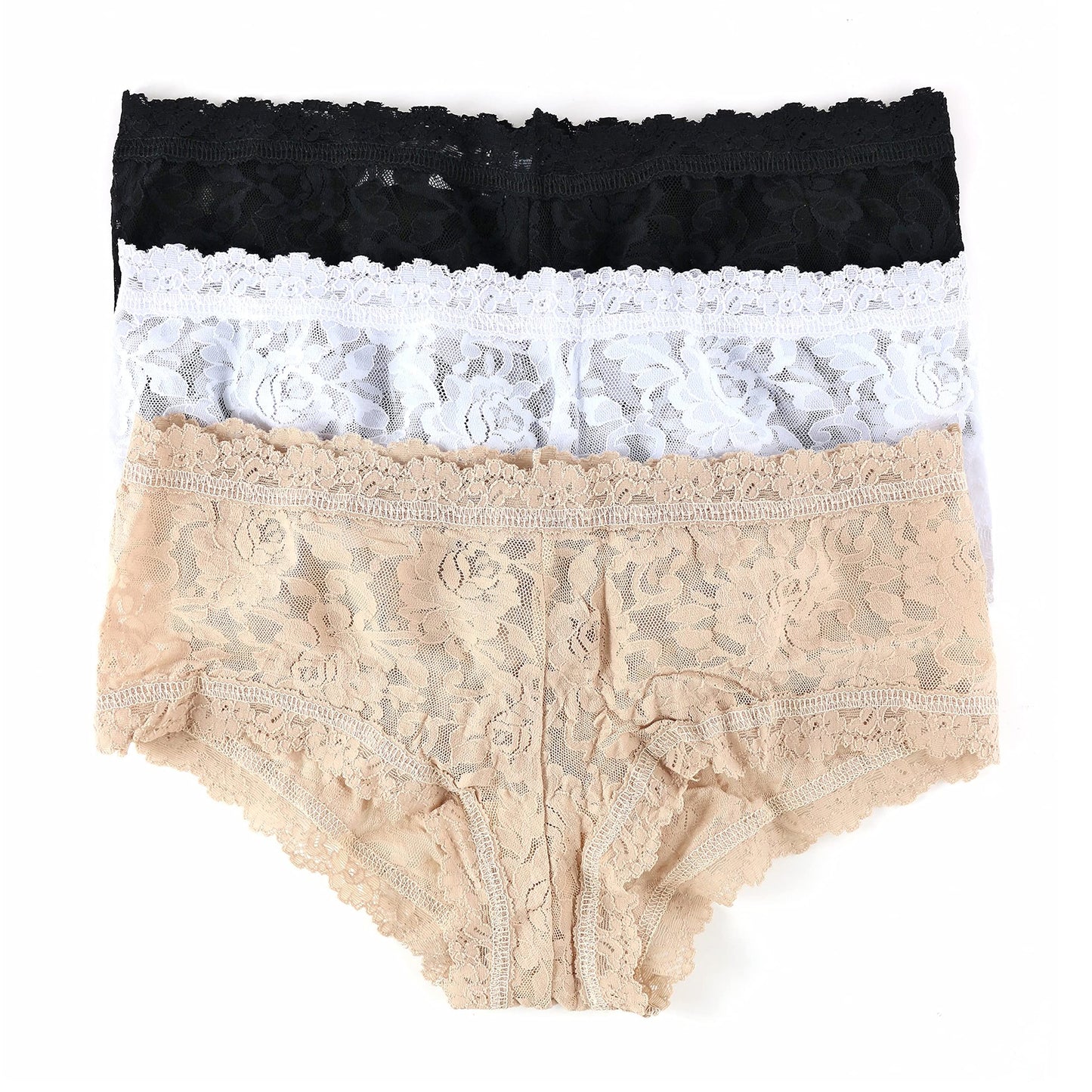 hanky panky, Signature Lace Boyshort, 3 Pack, Black, White & Chai, Large, Durable and Comfortable Underwear for Women