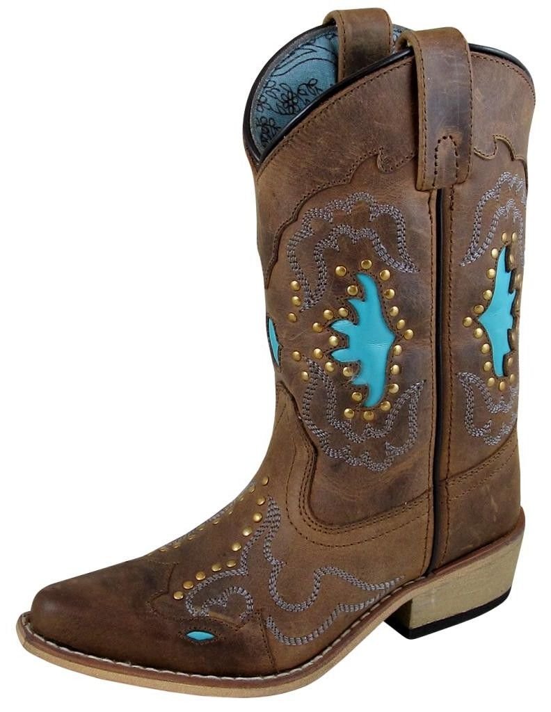 Smoky Mountain Youths' Moon Bay Studded Design Snip Toe Brown Distress/Turquoise Boots 4M