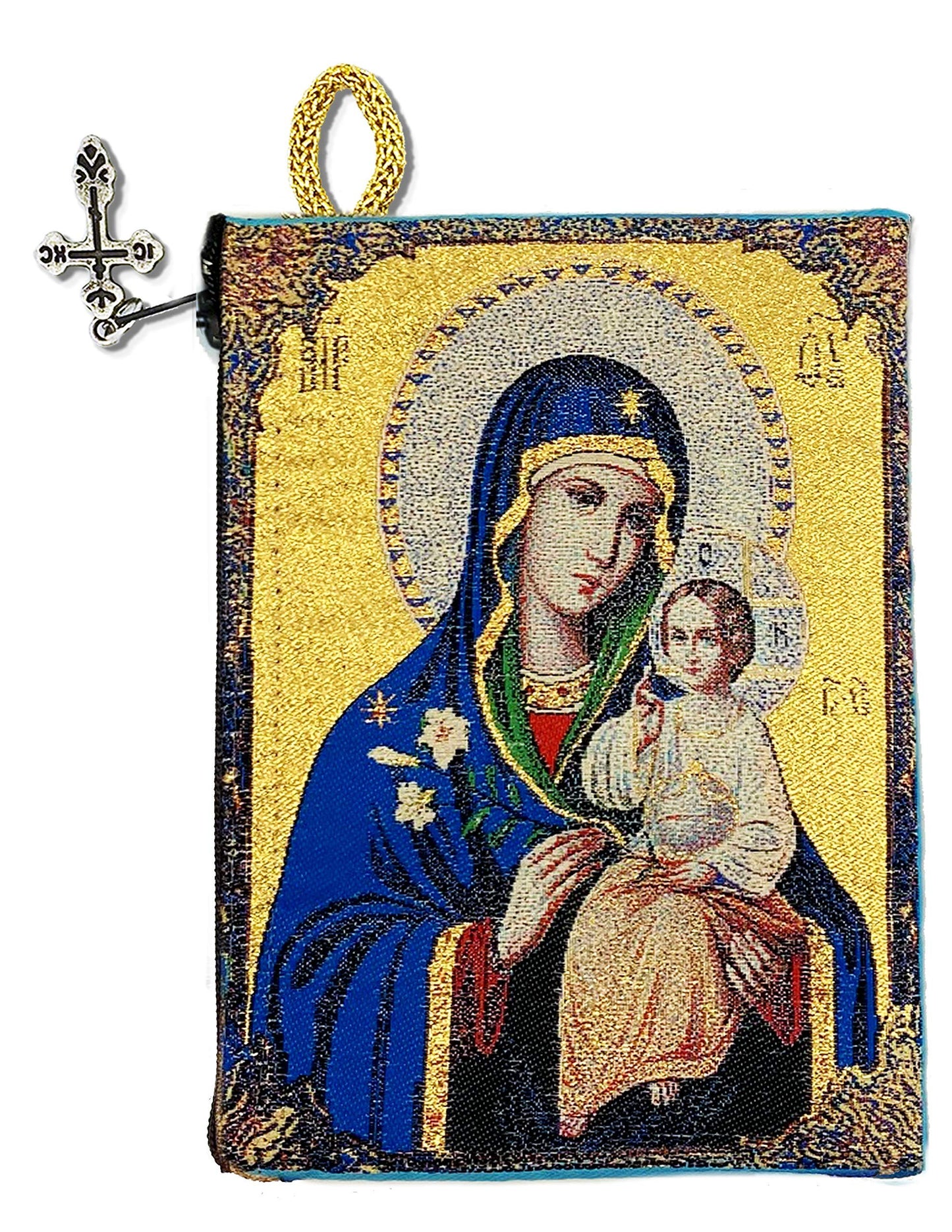 Religious Gift Rosary Pouch Case Virgin Mary Madonna and Child Eternal Bloom Icon Cloth Tapestry Zipper Keepsake Holder 5 3/8 Inch