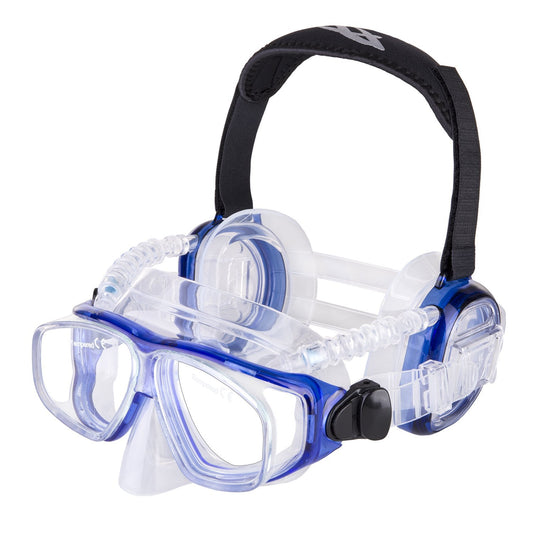IST ProEar Dive Mask with Ear Covers, Scuba Diving Pressure Equalization Gear, Tempered Glass Twin Lens (Blue)