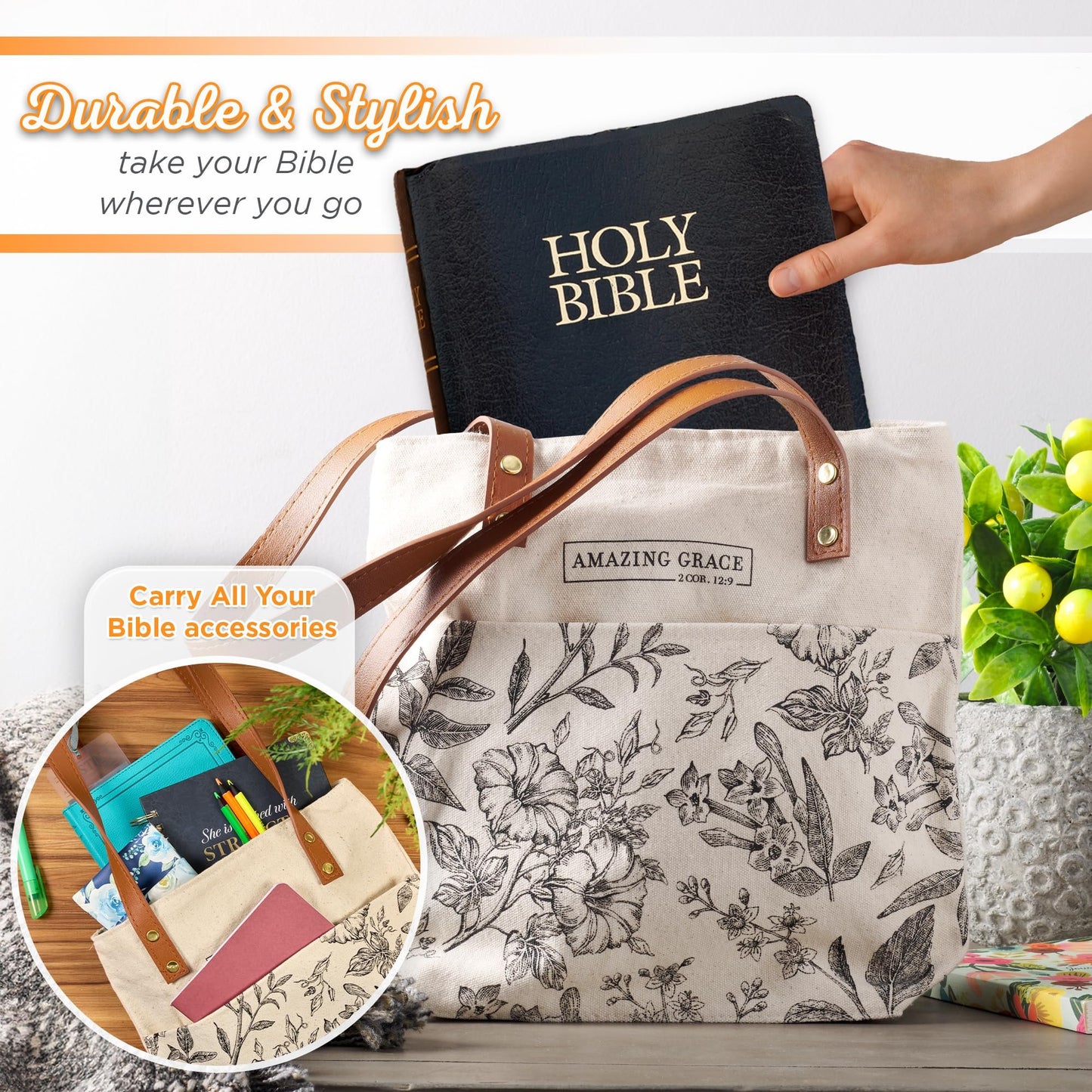 Christian Art Gifts Canvas Floral Tote Bag for Women: Amazing Grace Inspirational Scripture for Shopping, Supplies, Books, Accessories, Vegan Leather, Pocket, Zippered Closure, Creamy Tan & Brown