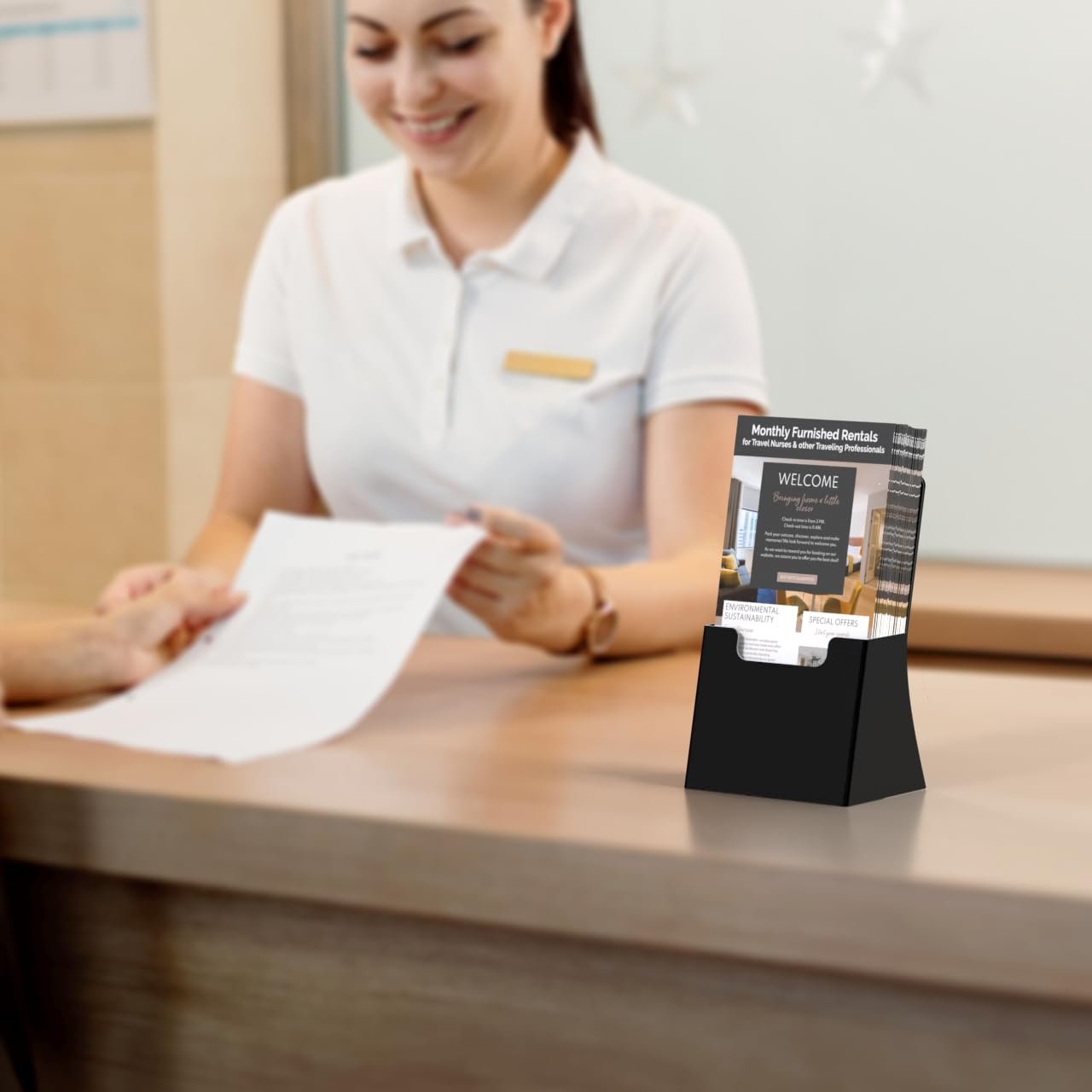 Marketing Holders 6 Pack Brochure Holder for 4.25" Trifolds Black Acrylic Countertop Literature Organizer Freestanding Angled Pamphlet Dispenser for Offices Retail Shops and Restaurants