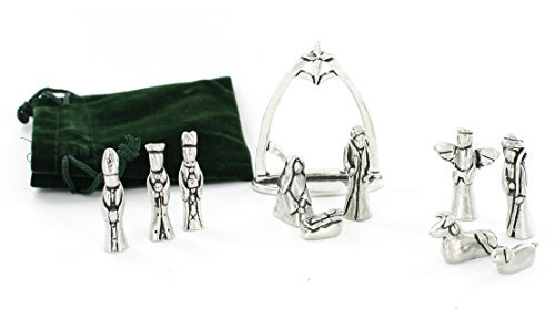 Nativity Set with Chreche Mini Pewter Figurine 11 Pc Set with Velvet Pouch
