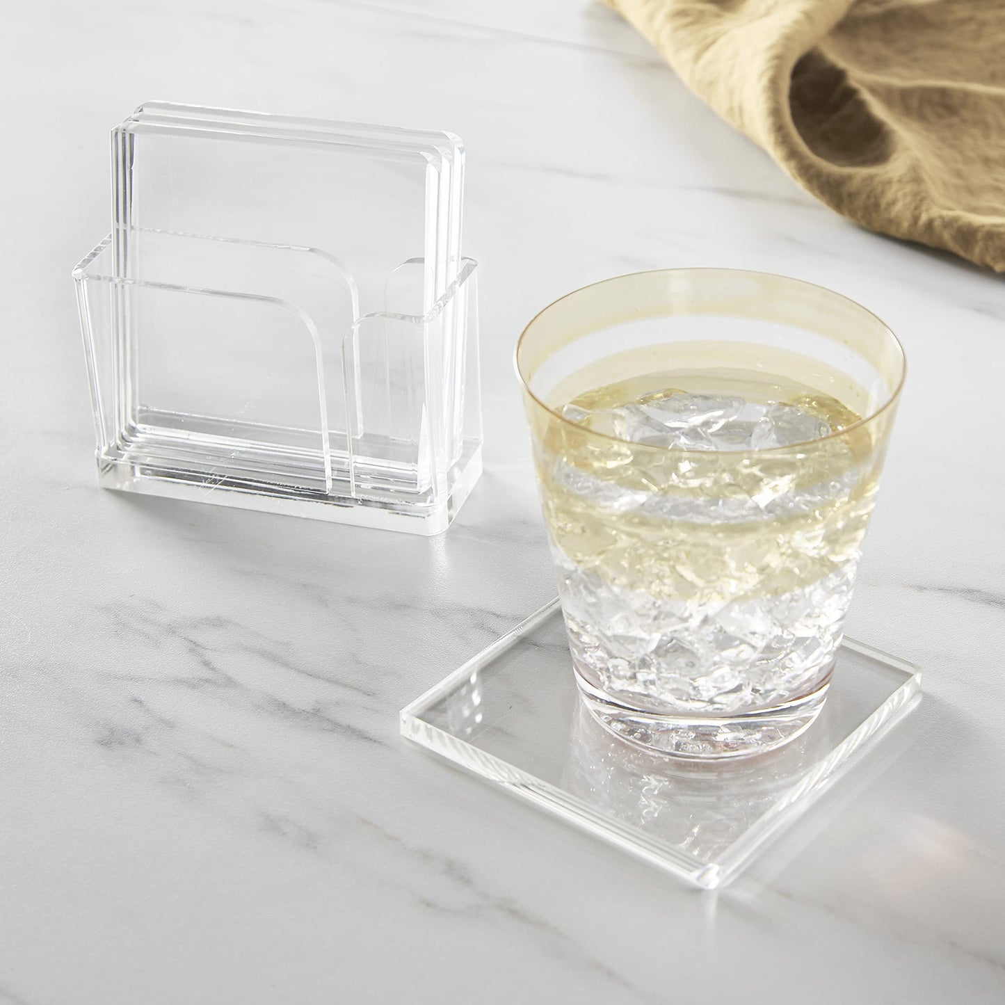 Huang Acrylic Clear 4" Square Coaster Set with Holder for Hot and Cold Beverages to Protect Coffee Table or Furniture