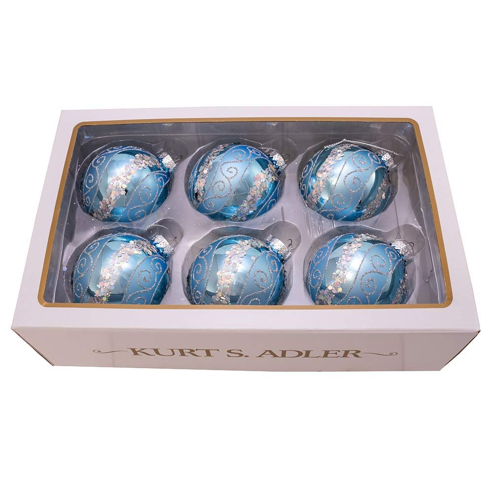 Kurt Adler 80MM Silver Blue with Glitter and Sequins Glass Ball Ornaments, 6 Piece Box