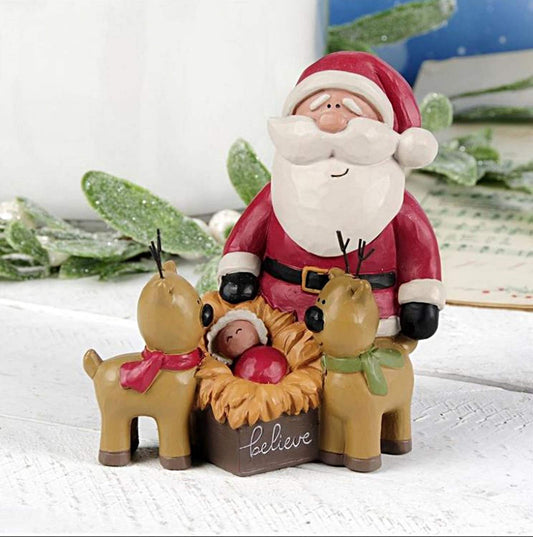 Blossom Bucket Small Santa Claus Figurine with Baby Jesus and Reindeer, Christmas Decoration, 4 X 4 Inches
