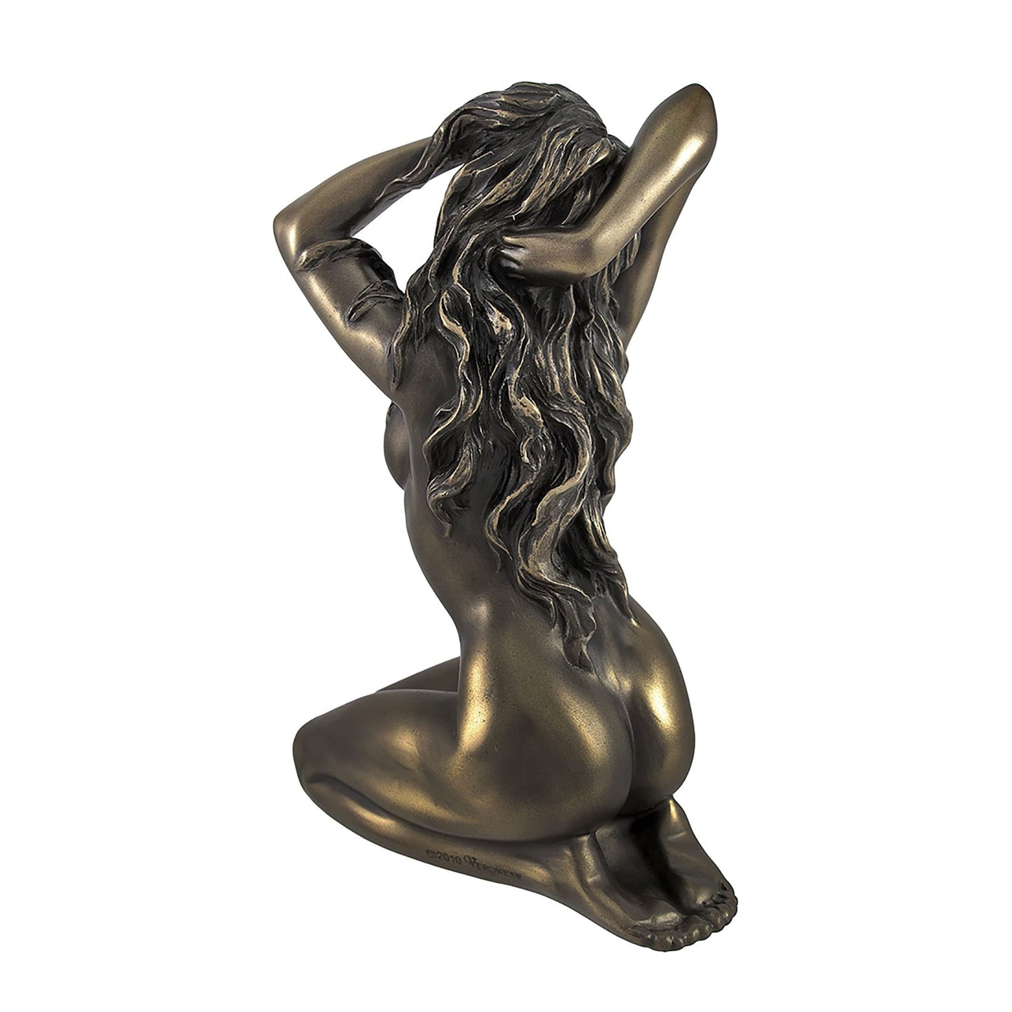 Veronese Design Bronze Finished Female Tasteful Nude Cast Resin Statue - Kneeling with Hands in Hair, Facing Right - Sculpted Elegance Embracing Femininity - 6 Inches Tall