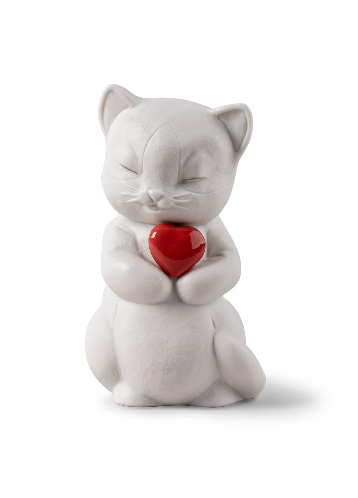 LLADRÓ Porcelain Figure Whiskers-Playful Cat from The Lovely World Collection Dedicated to Love. Decorative Figure of a Cat in Matte White Porcelain with a Red Heart