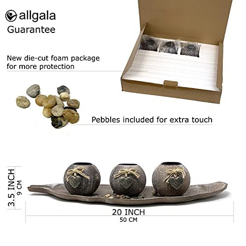 allgala Wooden Candle Holder Tray 3 Ball Orbs Set Tealight Candle Holder Centerpiece with Pebbles on Leaf Tray for Coffee Table Dining Table Accents Bowl for Living Room Décor