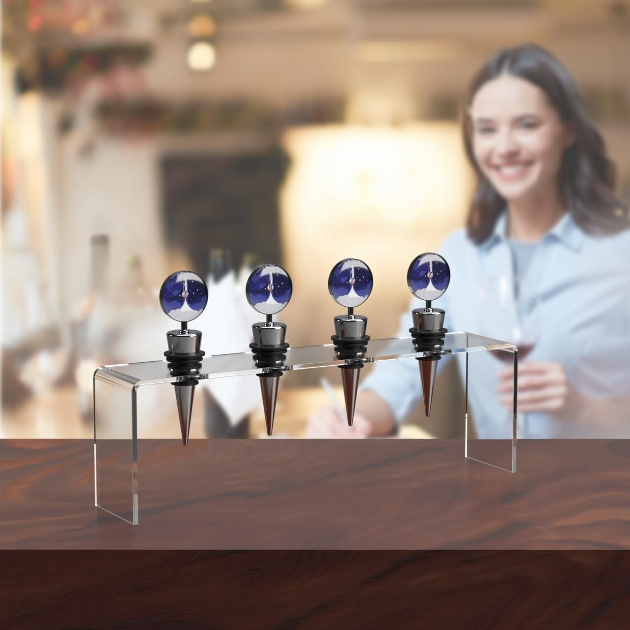 Marketing Holders 2 Pack Acrylic Wine Bottle Stopper Display Clear 4 Slot 9.75 Inch Wide by 2 Inch Deep Bar Organizing Riser with .75 Holes Countertop Pedestal Stand