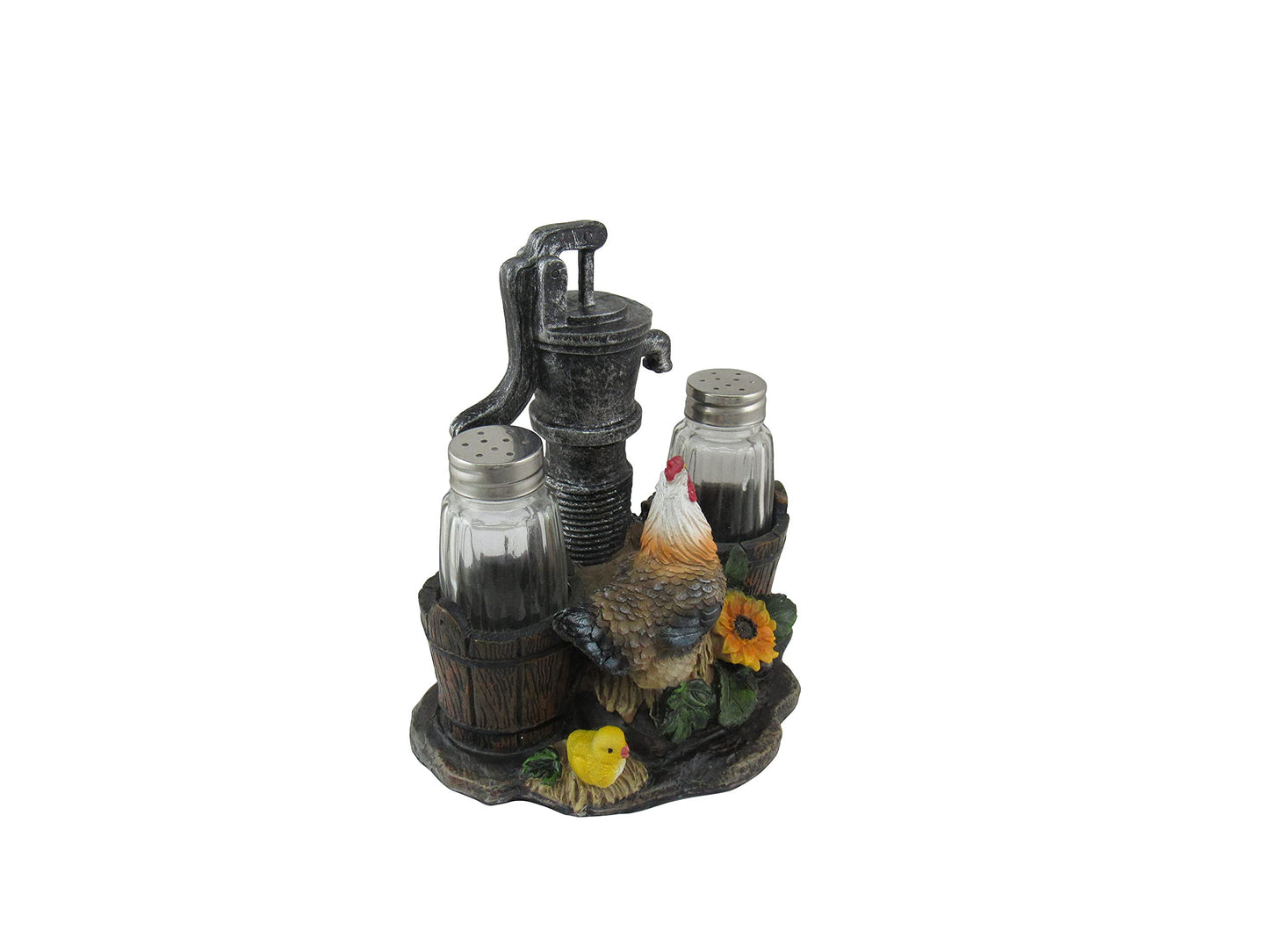 DWK Farmhouse Chicken Figurine with Vintage Water Pump Spice Holder with Refillable Salt and Pepper Shakers 3 Piece Set | Rustic Salt and Pepper Shaker - 6"
