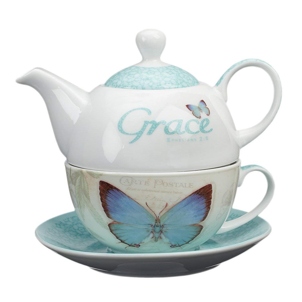 Christian Art Gifts Ceramic 14 oz. Teapot Set for Women: Botanic Butterfly Blessings - Grace Ephesians 2:8 Inspirational Bible Verse, Turquoise Tea For One Set w/8 oz. Cup & Saucer, White & Turquoise