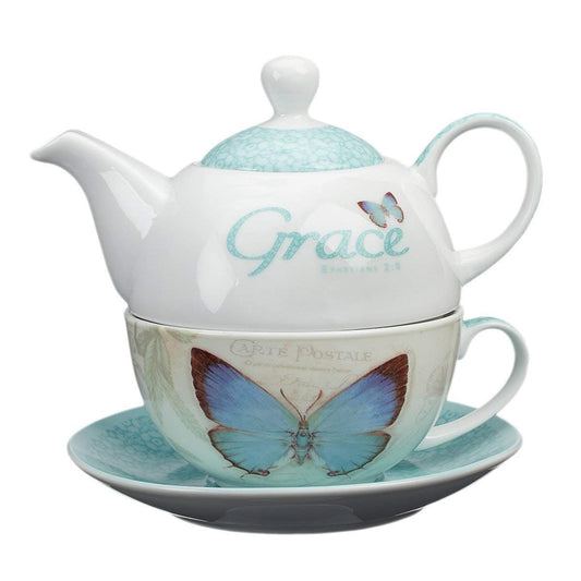 Christian Art Gifts Ceramic 14 oz. Teapot Set for Women: Botanic Butterfly Blessings - Grace Ephesians 2:8 Inspirational Bible Verse, Turquoise Tea For One Set w/8 oz. Cup & Saucer, White & Turquoise