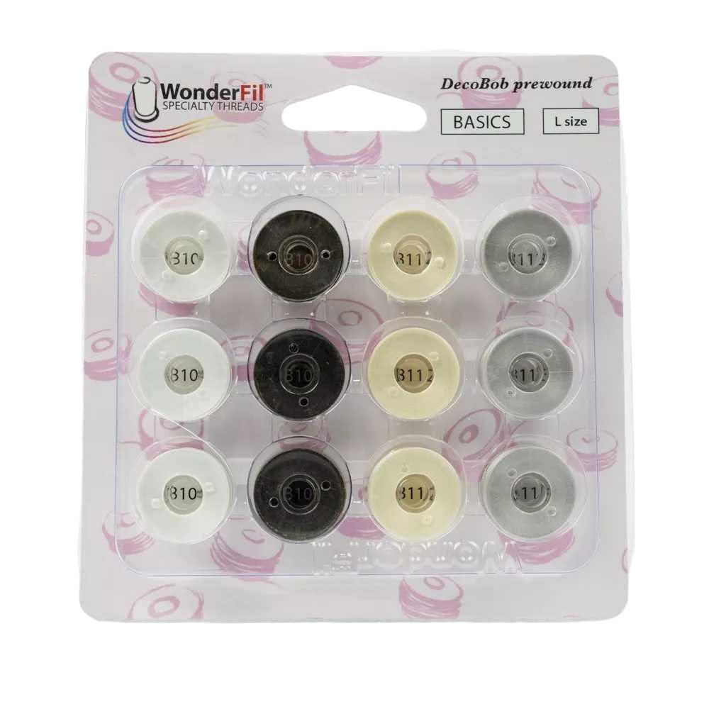 DecoBob Prewound Bobbins Size L 12ct Black White Cream Grey