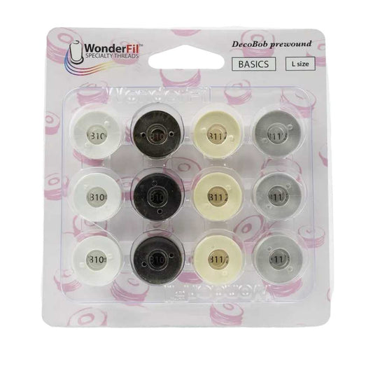 DecoBob Prewound Bobbins Size L 12ct Black White Cream Grey