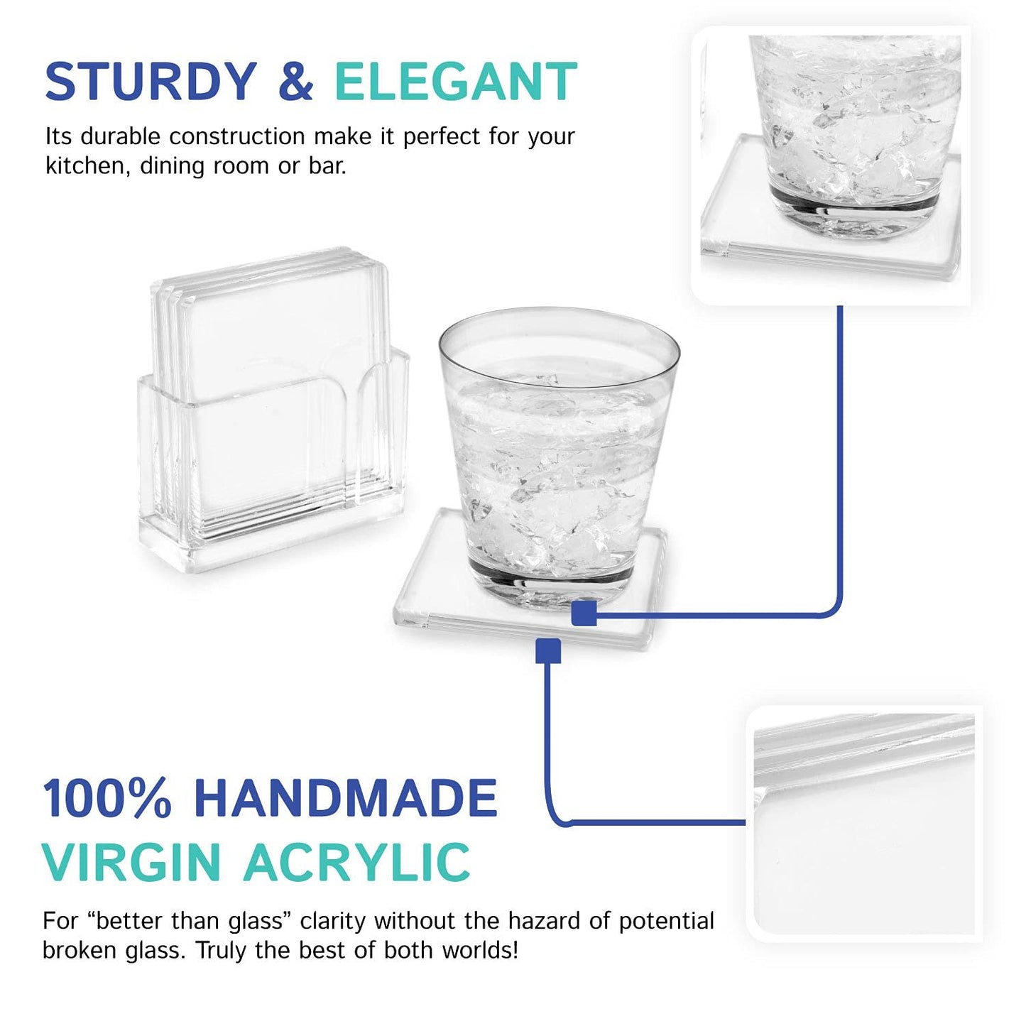 Huang Acrylic Clear 4" Square Coaster Set with Holder for Hot and Cold Beverages to Protect Coffee Table or Furniture