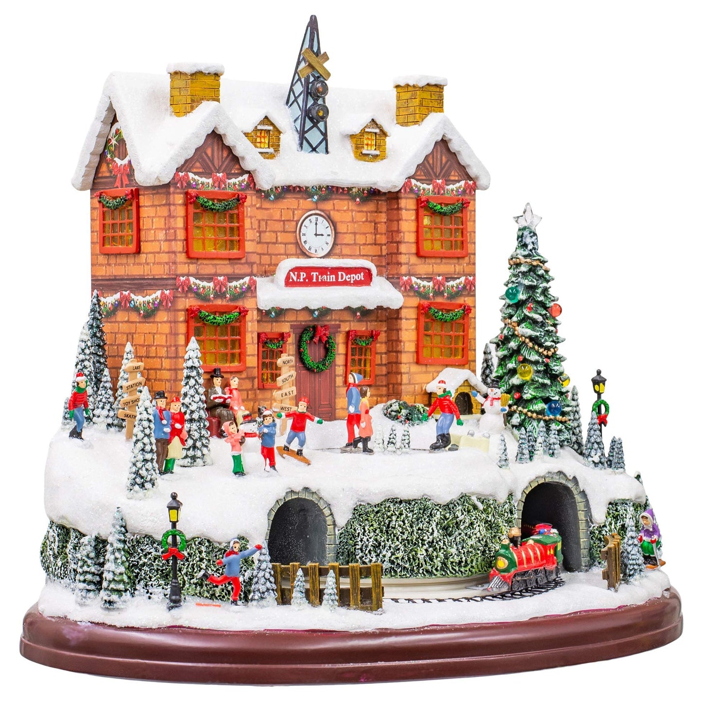 LED Rotating Muscial Holiday Village 12 x 10 Wood Holiday Polar Train Station