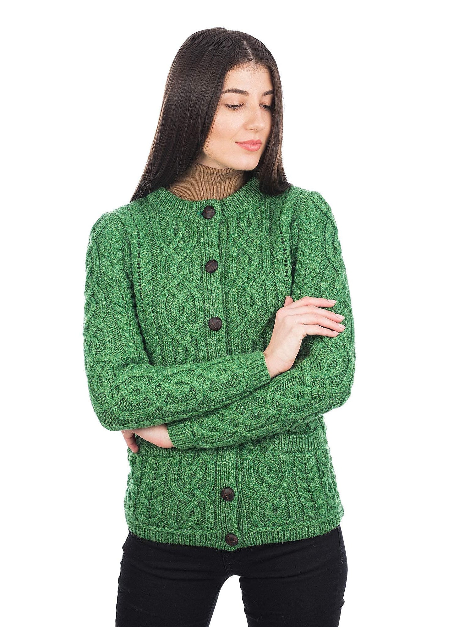 SAOL 100% Merino Wool Ladies Irish Buttons Knit Cardigan Lumber Jacket with Pockets