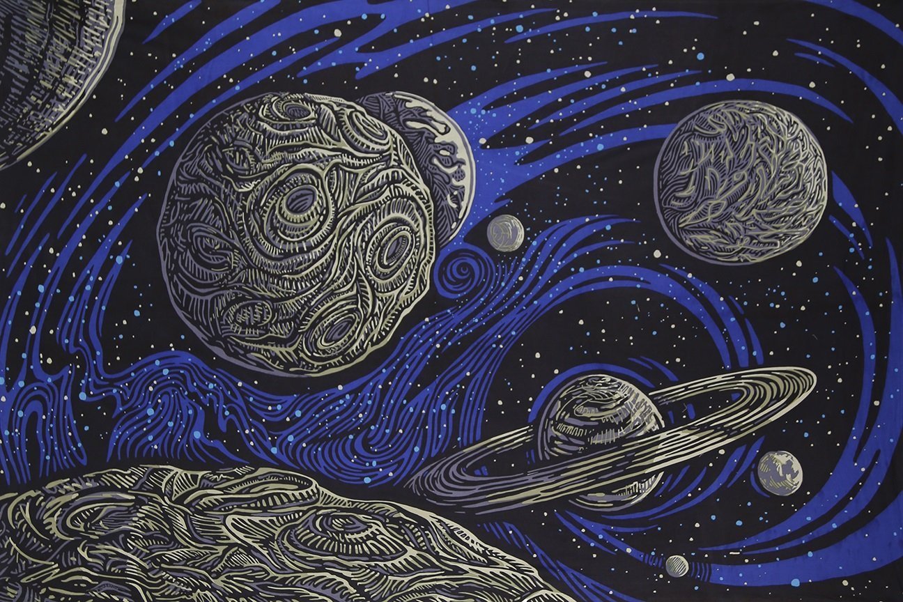 Sunshine Joy 3D Glow in the Dark Galactic Outer Space Planetary Psych Art Tapestry Amazing 3-D Effects - Huge 60x90 Inches