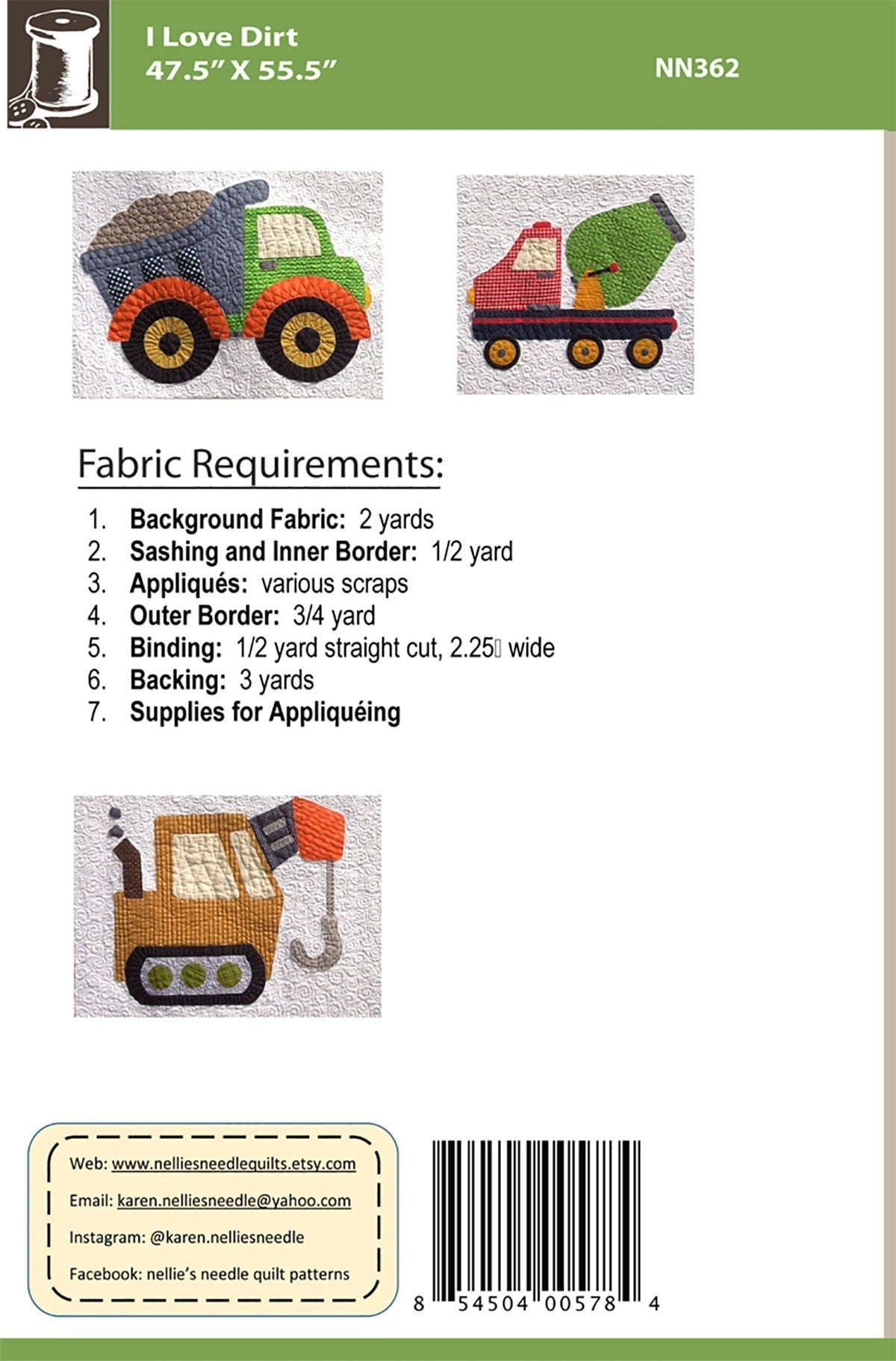Nellie's Needle Appliqued Quilt Pattern - I Love Dirt (47.5" x 55.5")