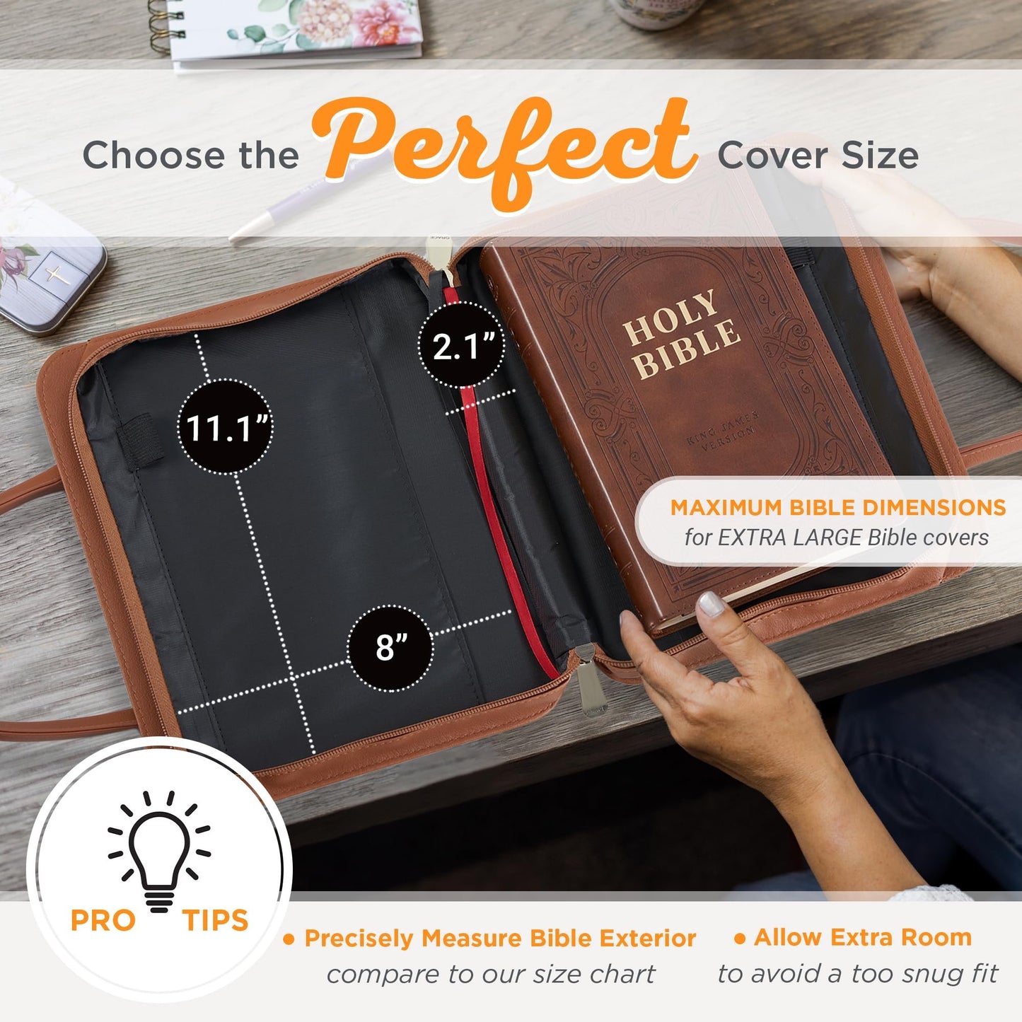 Christian Art Gifts Fashion Vegan Leather Purse Style Bible Cover Case for Women: All Things Through Christ Gold Scripture, Pen Loops, Two Handles, Pockets, Navy Blue & Brown Floral