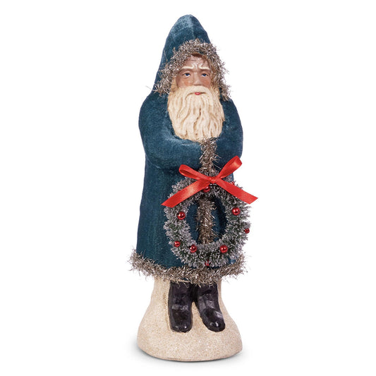 RAZ Imports 2024 Woodland Wonder 12" Blue Velvet Santa with Wreath