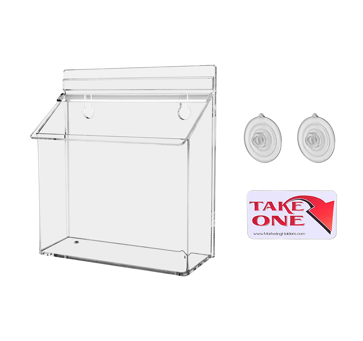 Marketing Holders Suction Cup Outdoor Brochure Holder Holds 7.5" x 5.5" Postcards and Handouts Window or Glass Wall Includes Take One Sticker Clear Acrylic Advertisement Box