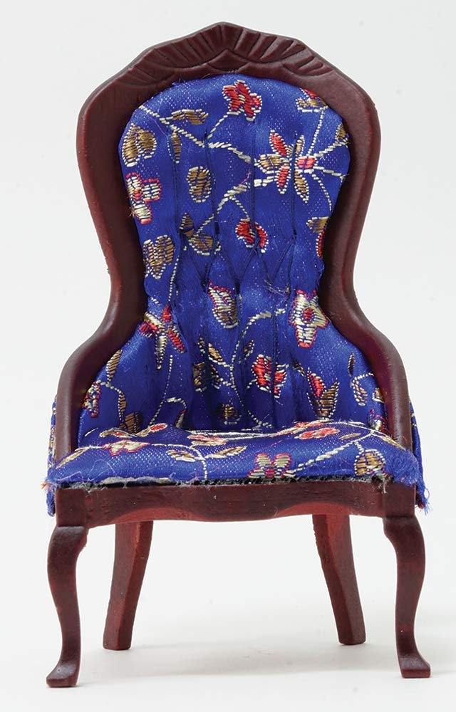 Classics by Handley Dollhouse Miniature Victorian Lady's Chair, Mahogany with Blue Floral Fabric