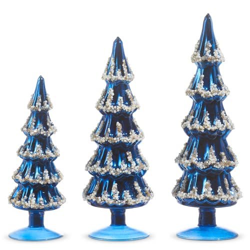 RAZ Imports Blue Beaded Trees, 14-inch Height, Glass, Set of 3, Christmas, Home Décor