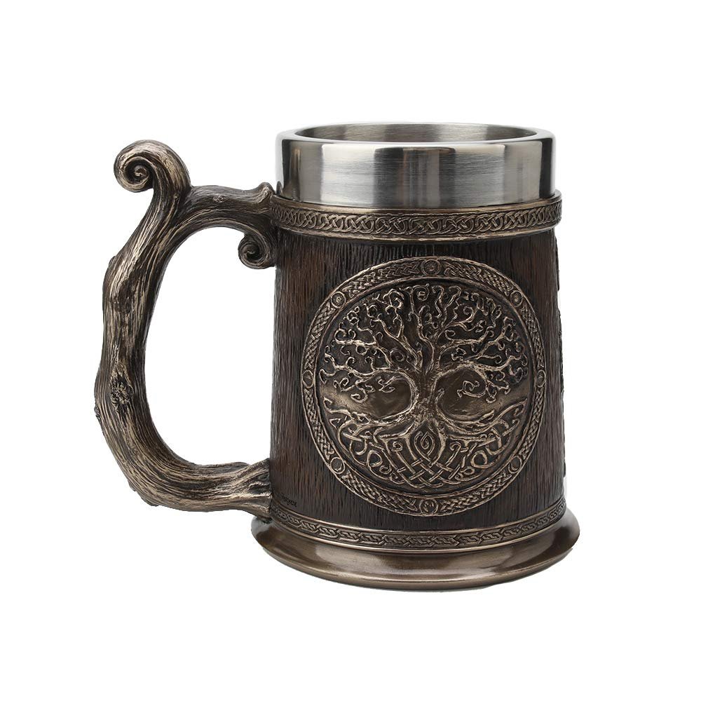 Veronese Design 20 fl oz Norse World Tree Yggdrasil Stein Tanker Cold Cast Resin Antique Bronze Finish