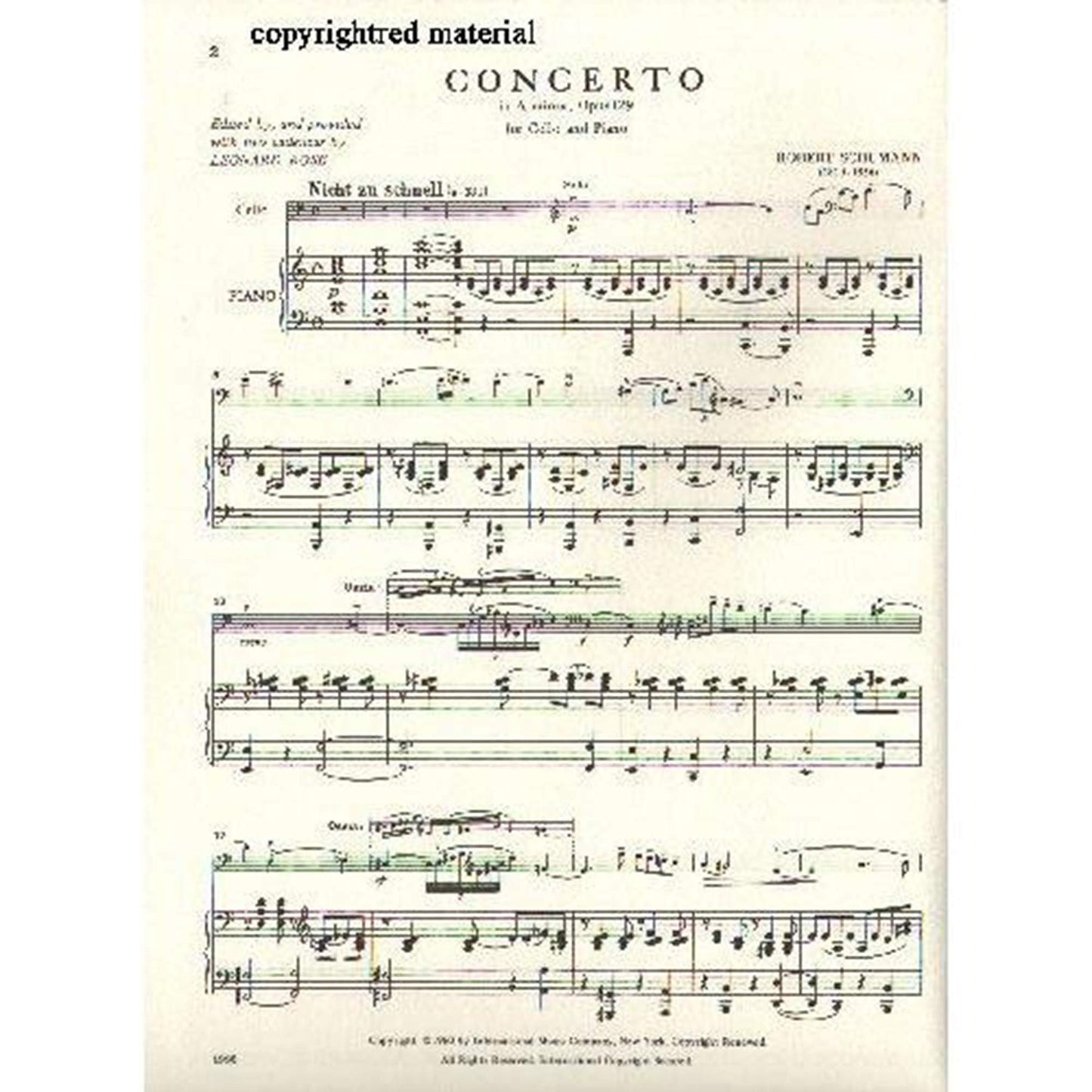 Schumann Robert Concerto In a minor Op. 129. For Cello and Piano. by Leonard Rose. International