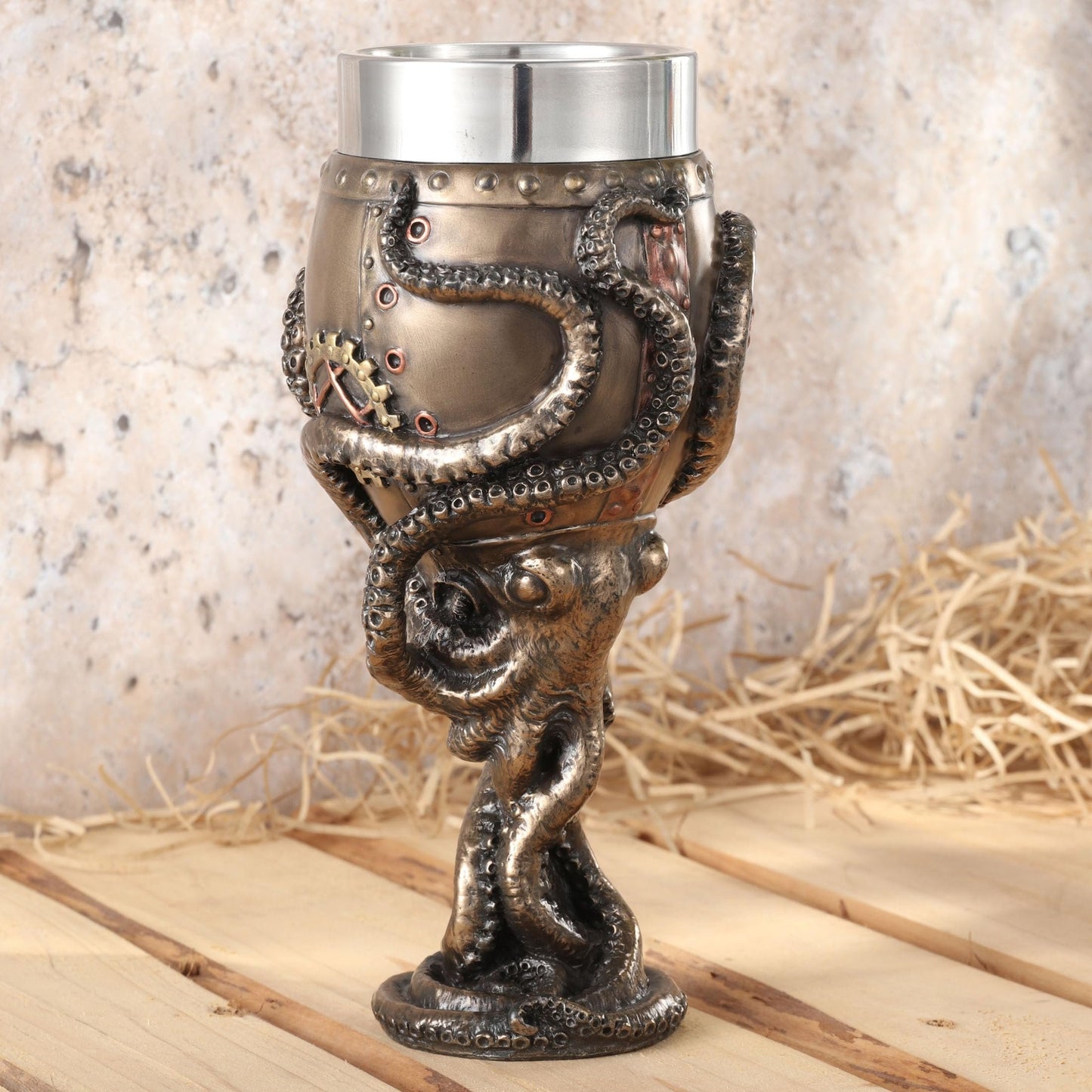 Veronese Design 7 1/2 Inch Steampunk Octopus Diving Bell Goblet Cold Cast Resin Bronze Finish Stainless Steel Cup (7 fl oz)