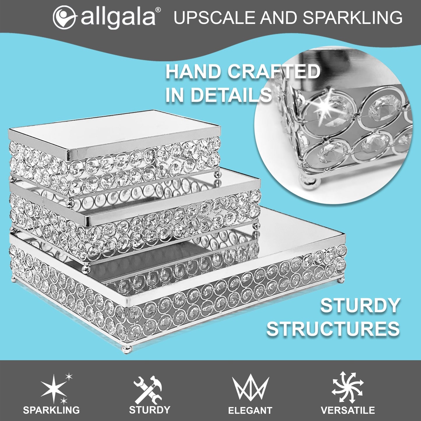 Allgala 3 Piece Set Crystal Gold Plated Dessert Cheese Cupcake Cake Stand with Mirror Plate