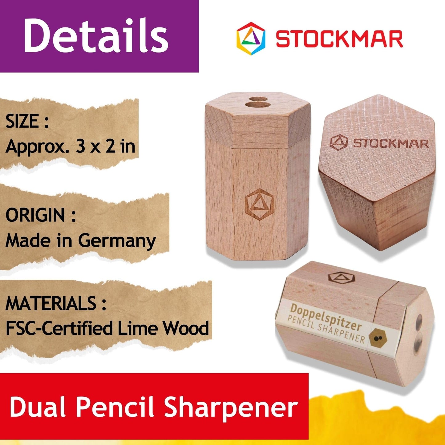 Stockmar Dual Pencil Sharpener FSC Lime Wood for Thin and Thick Pencils - Triangular and Hexagonal Shape - Colour Giants Stockmar, Waldorf Art Supplies, Made in Germany