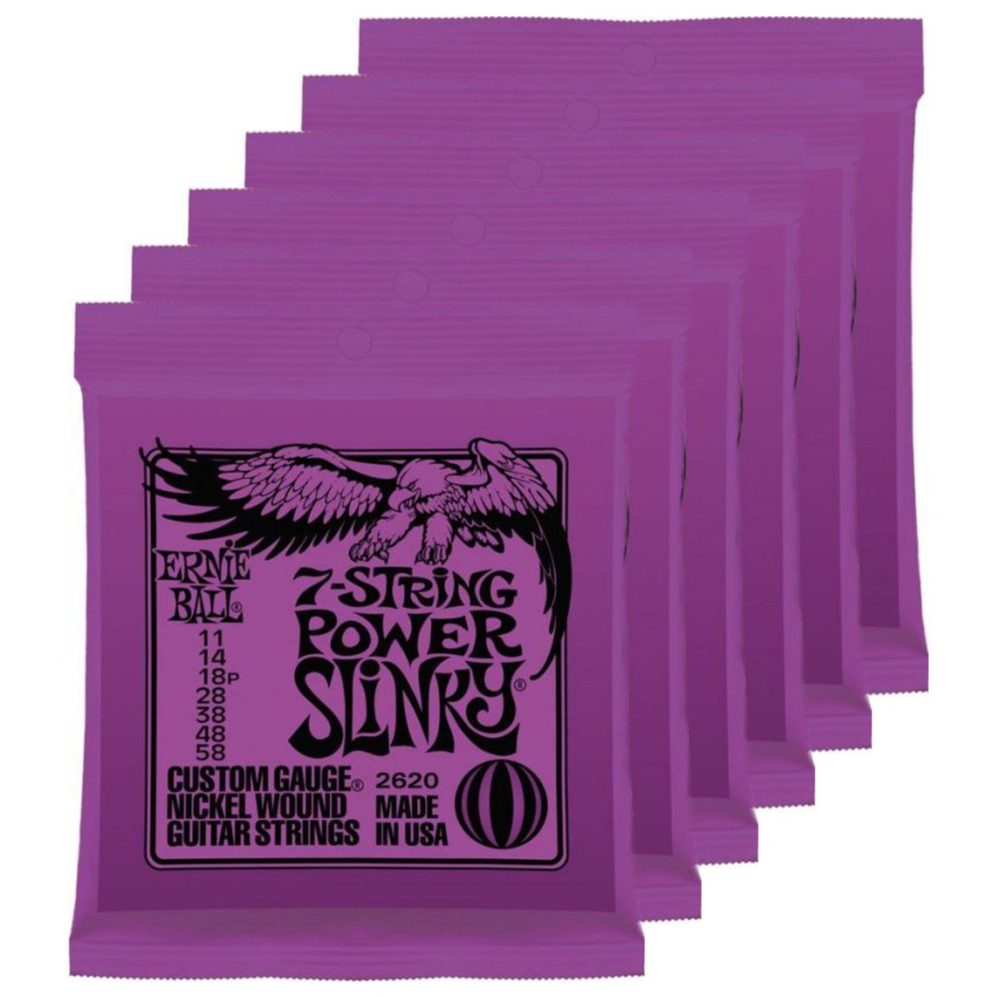 6 Sets of Ernie Ball 2620 Nickel 7-String Power Slinky Electric Guitar Strings