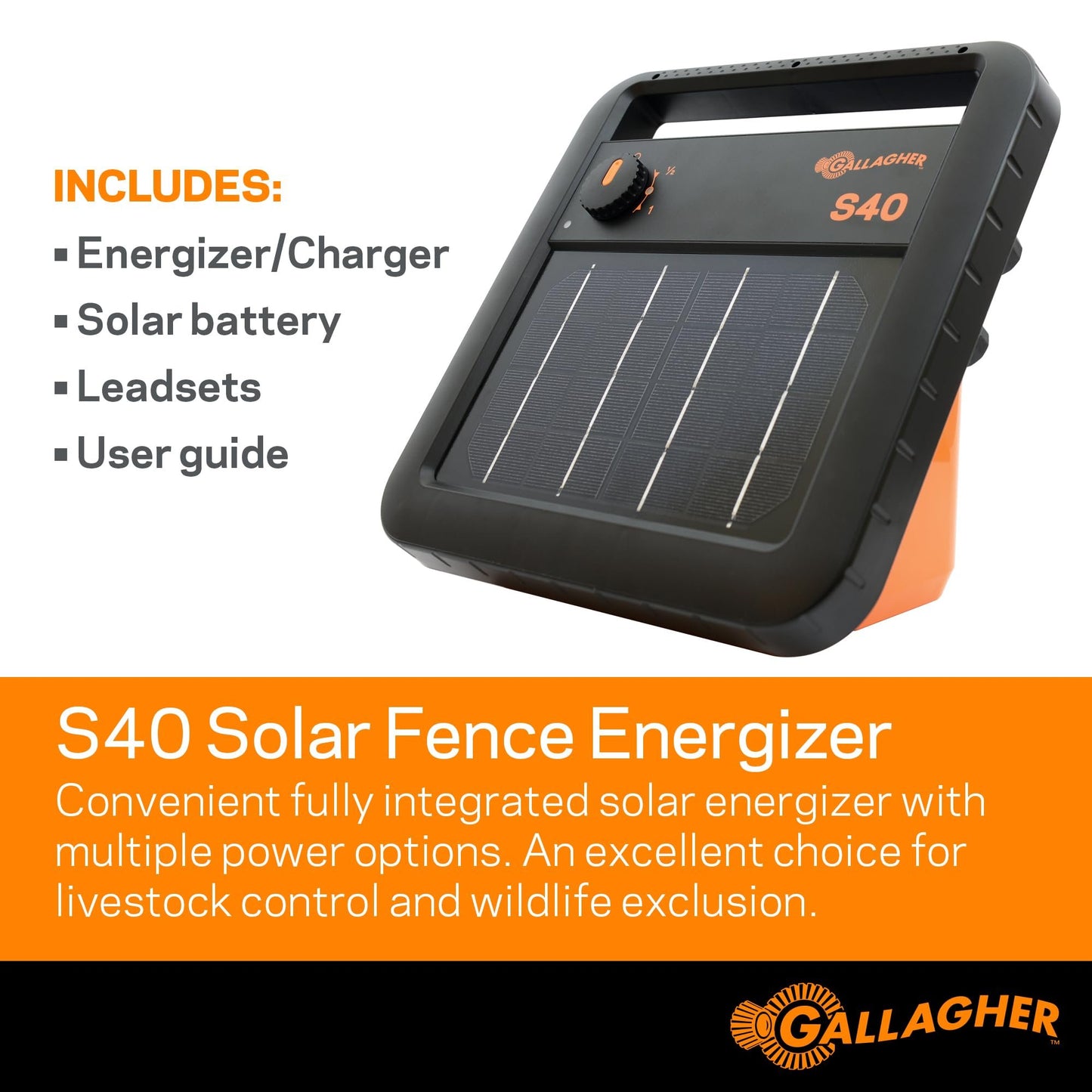 Gallagher S40 Solar Fence Charger | 0.4 Joules for Livestock, Poultry & Gardens | Powers 25 Miles Clean or 5 Miles Typical | Solar Energizer with Rechargeable Battery | Portable Off-Grid Fence Power