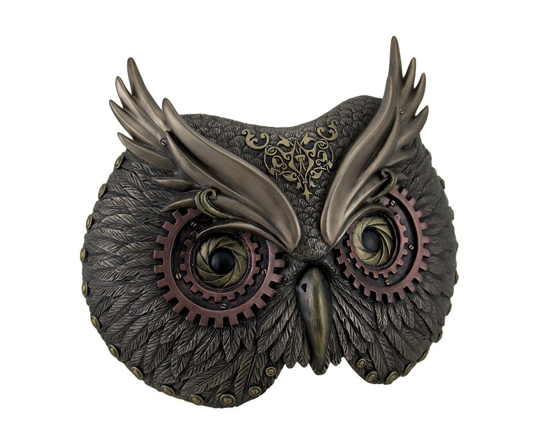 Resin Decorative Plaques Metallic Bronze Steampunk Owl Head Wall Mask 8.5 X 6.75 X 3.5 Inches Bronze