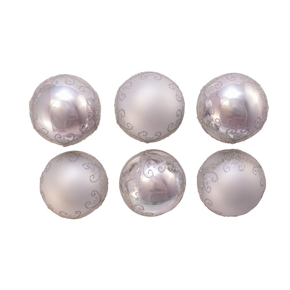 Kurt Adler 80MM Silver with Glitter and Sequins Glass Ball Ornaments, 6 Piece Box