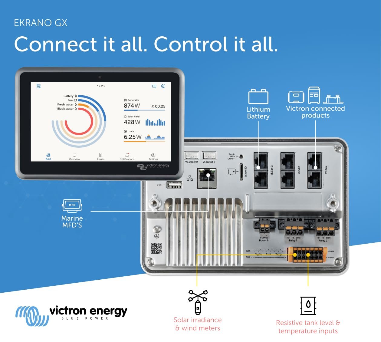 Victron Energy Ekrano GX with Built-in Waterproof 7-Inch Display - Remote Access & Control with Victron Remote Monitoring (VRM) & VictronConnect App - Compatible with Marine MFD's and NMEA2000