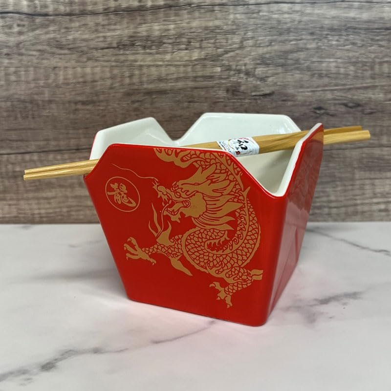 Urban Tokyo Chinese Takeout Box Style Porcelain Bowl With Chopsticks 18 fl oz Square Box Shape Rice Noodles Pasta To Go Box Shaped Bowl Microwave Dishwasher Safe (Classic Pagoda)