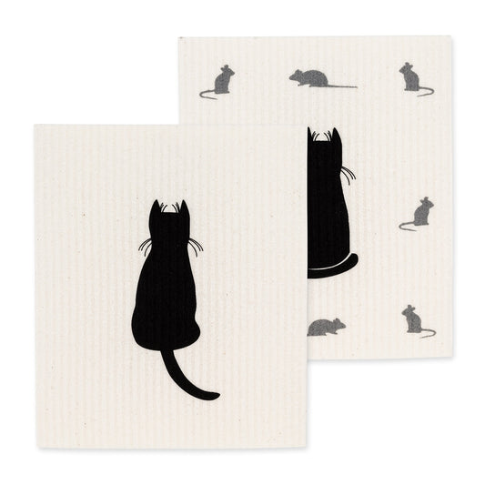 Abbott Collection 84-ASD-AB-08 S/2 Cat & Mice Dish Cloth, 6.5" x 8", White/Black (Pack of 2)