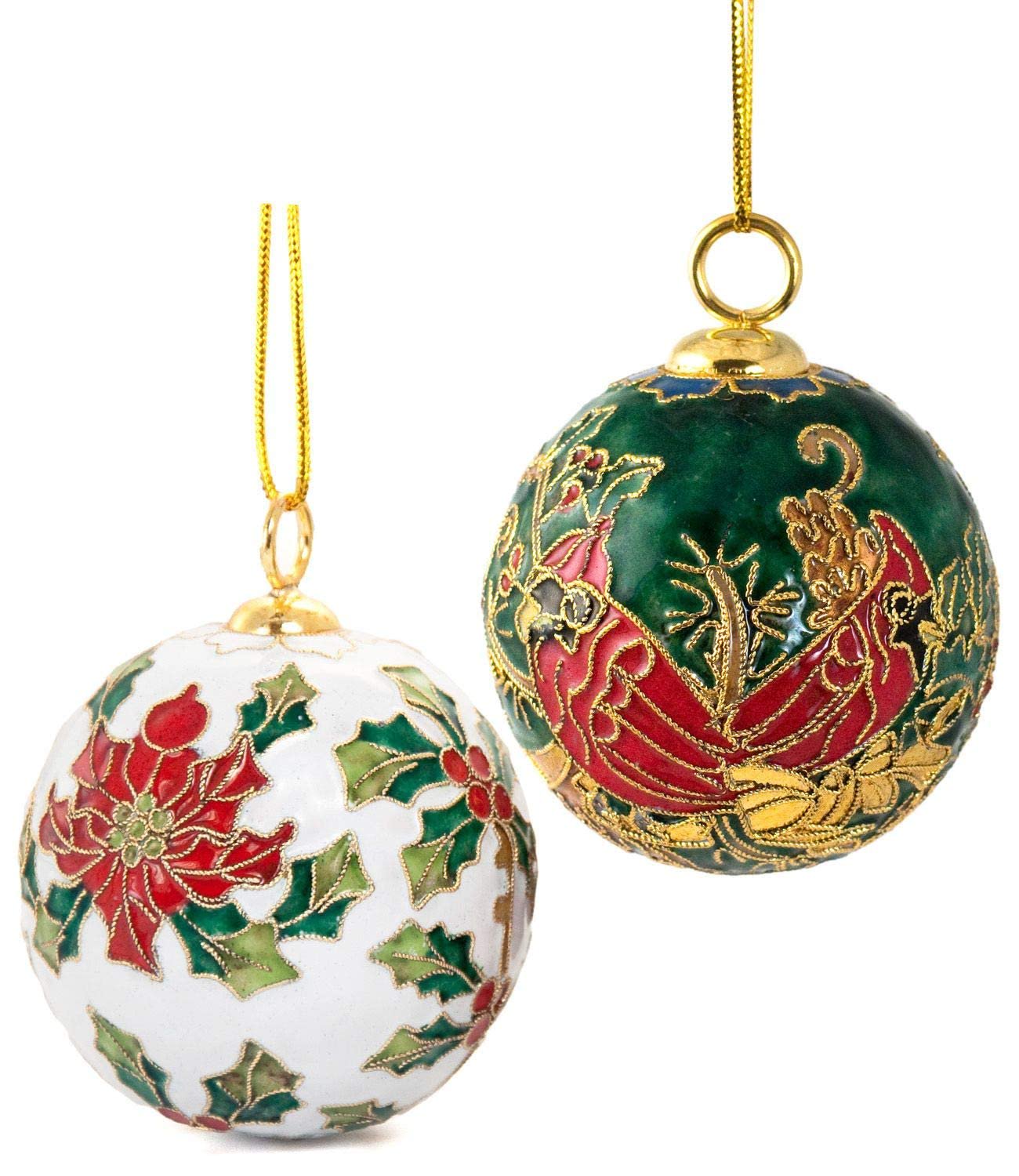 Value Arts Handmade Cloisonne Cardinal and Poinsettia Ball Hanging Ornament