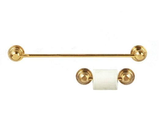 Melody Jane Dolhouse Gold Brass Towel Rail Toilet Tissue Fittings Set Bathroom Accessory
