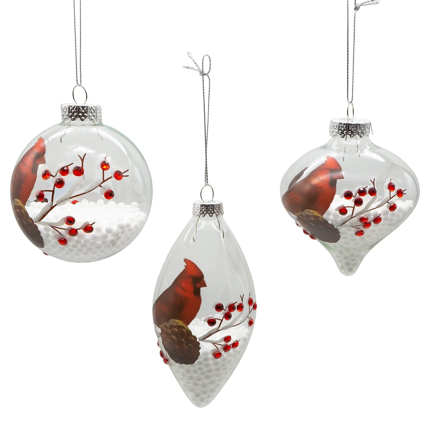 Kurt Adler 80MM Glass Transparent Cardinal Ball, Onion and Teardrop Shaped Ornaments, 3-Piece Set