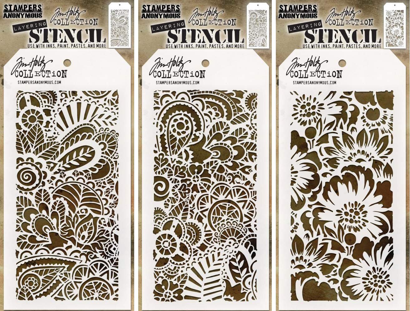 Tim Holtz Stencils Set - Doodle Art 1, Doodle Art 2 and Bouquet - 3 Item Bundle