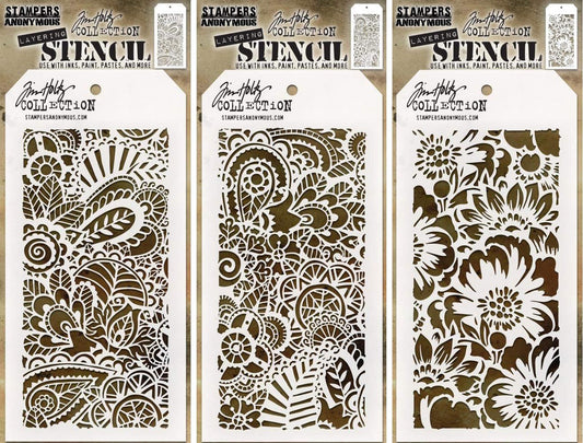 Tim Holtz Stencils Set - Doodle Art 1, Doodle Art 2 and Bouquet - 3 Item Bundle