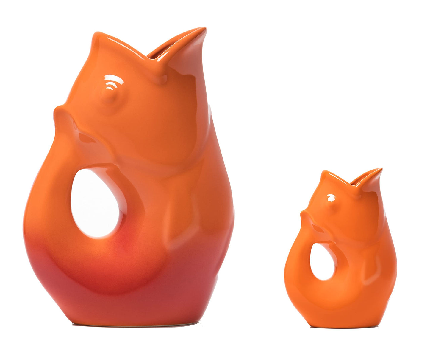 Gurgle Pot Fish Pitchers - Set of 2 - Large Gradient Orange Red (42 oz) with Orange Baby Gurgle Pot (3oz). Great Combination.