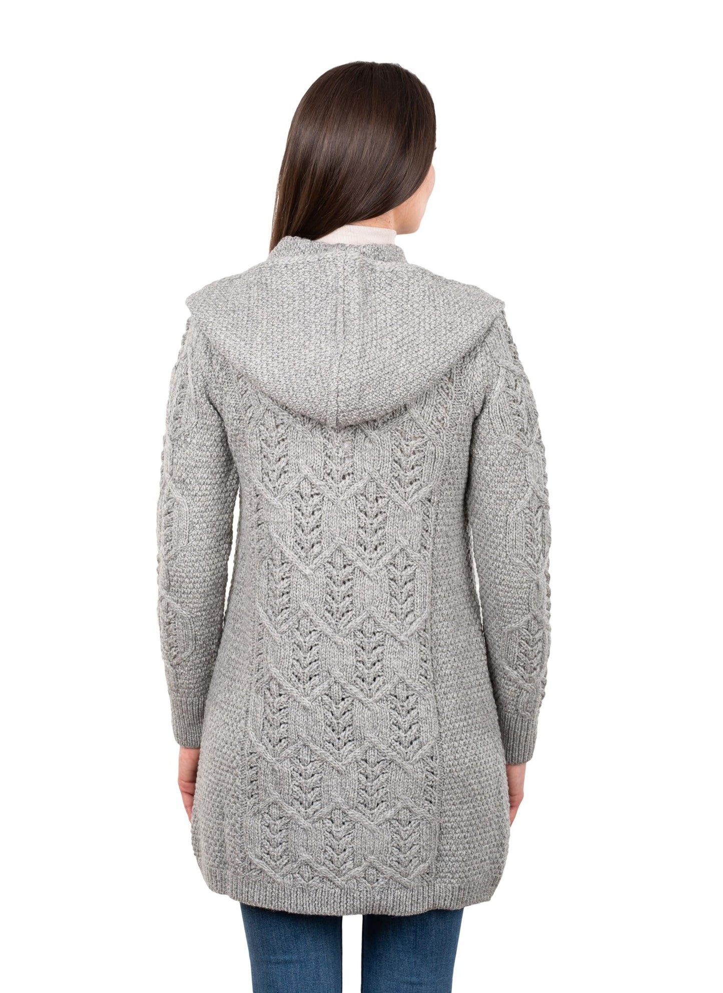 SAOL 100% Merino Wool Women Cardigan Butonned with Hood Aran Leaf Coat Made in Ireland