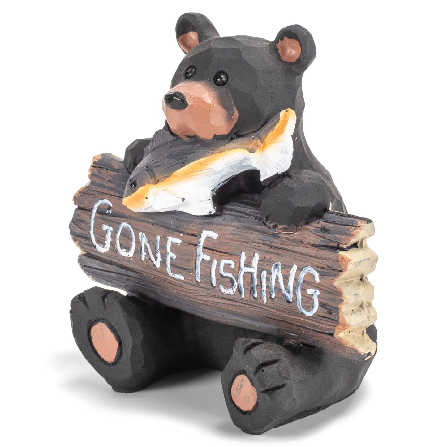 Bear with Gone Fishing Sign Natural Black 4 x 4 Resin Stone Figurine